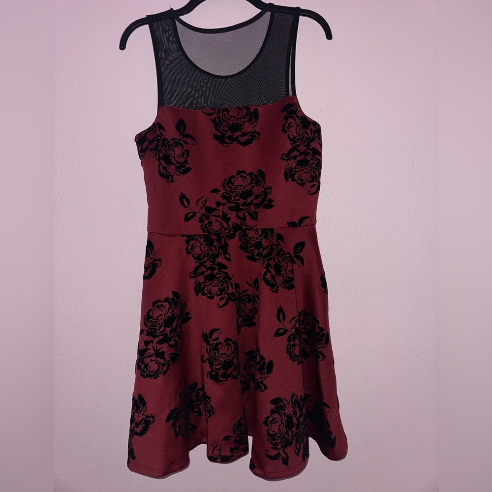 Red and Black Floral Velvet Dress